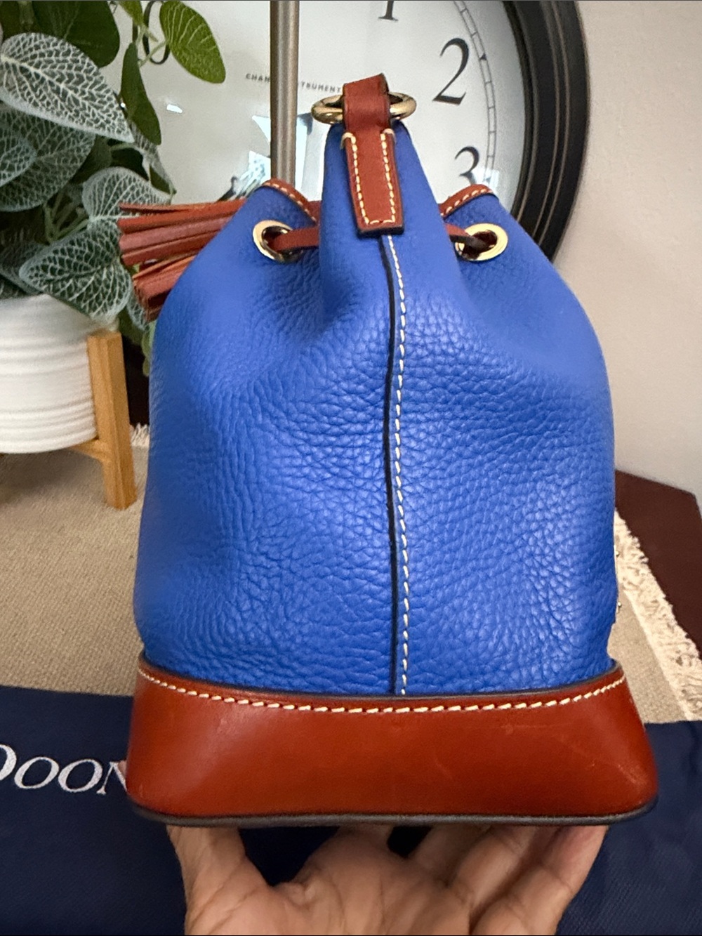 Dooney & Bourke Blue Leather Drawstring Bucket Bag with Brown Trim and Tassels - Picture 3 of 16